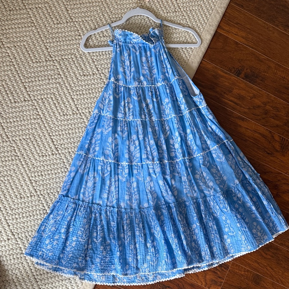 Juliet Dunn Blue Floral Tiered Halter Dress